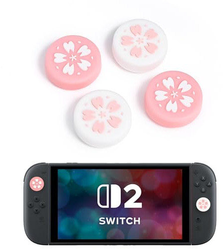 DLseego Thumb Grip Caps for Switch 2,4PCS Kawaii Pretty Flowers Joystick Cover,Non-slip Silicone Enhance Control Comfort Analog Stick Button Cap,White + Pink
