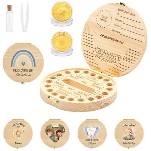 FIDWALL Personalisierte Milchzahndose mit Namen & Motiv, Set mit Zahnfee Münze, Zahndose Milchzähne für Jungen & Mädchen, Holz Zahnbox als Andenken & Geschenkidee für Kinder, Zahnrettungsbox (Farbig)
