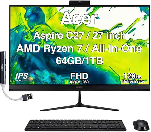 acer Aspire 27 All-in-One Desktop, 27 IPS FHD Display, AMD Ryzen 7 5825U (Ryzen 7 5000 Series), 64GB DDR4, 1TB SSD, Wi-Fi 6E, Webcam, Bluetooth 5.3, Windows 11 Pro, with DKZ USB Port Expander