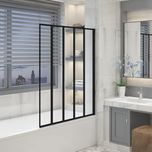 Aquariss 1200 x 1400mm Black Over Bath Shower Screen 5 Panel Folding | Aluminum Frame, 4mm Toughened Easy Clean Glass, Reversible, Bath Screen Panel Glass for Straight Baths