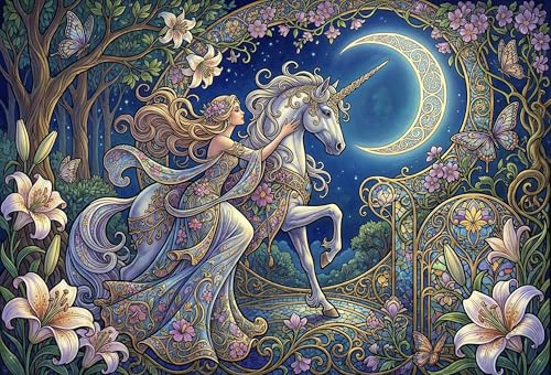 Art Nouveau Unicorn Goddess Jigsaw Puzzle 1000 Pieces, Patience Game | 1000 pieces puzzle, size 70x50cm, 14+, featuring Art Nouveau Unicorn Goddess for focus puzzle game and gift use
