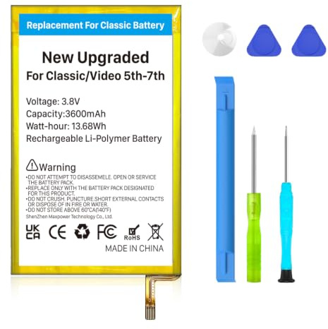Akkuaustausch für iPod Classic/Video (2026 – Neues Upgrade) – Lithium-Polymer-Akku mit extrem hoher Kapazität (3600 mAh), kompatibel mit iPod Classic/Video der 5. bis 7. Generation