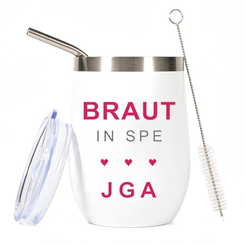 Team Braut Bride JGA Accessoires Frauen – 350ml Edelstahl Becher Weiß mit Deckel & Strohhalm – Junggesellinnenabschied Deko & Geschenke – Bride to Be Personalisierte Tasse