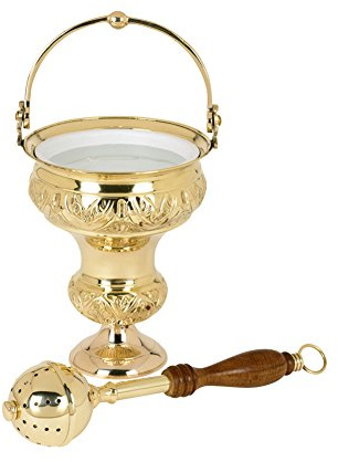 Ornate Brass Holy Water Pot with Sprinkler Set