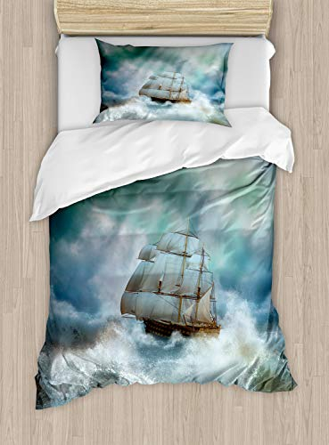 ABAKUHAUS Ozean Bettbezug Set Einzelbett, Piraten-Schiff auf gewelltes Meer, Top Qualität Weich und Warm 3 Teiligen Bettbezug mit 2 Kissenbezüge, Blau grau