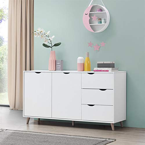 Timber Art Design UK Sideboard Cabinet Cupboard Buffet 2 Doors 3 Drawers Storage Unit Modern Furniture Living Room Hallway Dining Room White - W147 x H77 x D39 cm