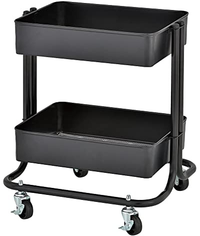 ECR4Kids Rollwagen aus Metall mit 2 Ebenen, zur Aufbewahrung unter dem Schreibtisch, Büroaufbewahrung, Mehrzweck-Organizer, Schwarz