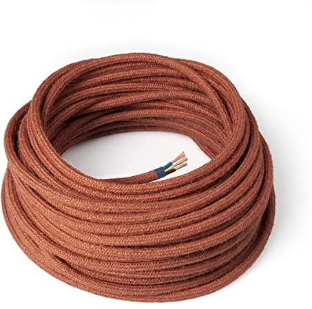 Amarcords - Cavo elettrico tessile colore MATTONE tondo juta 1 metro con messa a terra 3x075mm - Filo rivestito in tessuto colorato vintage per lampade lampadari applique e abat jour.