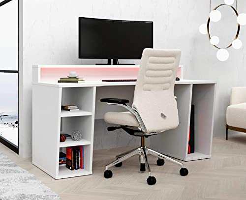 Forte TEZAUR Computertisch Gaming Desk mit LED Beleuchtung, Holzwerkstoff, Weiß, B x H x T: 160 x 91 x 72 cm