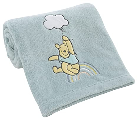 Disney Winnie The Pooh Hello Sunshine Aqua Super Soft Baby Blanket with Multi Colored Rainbow & Cloud Applique, Aqua, Yellow, White