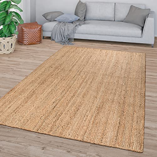 TT Home Wohnzimmer Teppich Jute Kurzflor Wohnzimmerteppich Natur Modern Boho Handgemacht, Farbe: Natur 3, Größe:80x150 cm