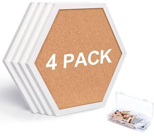 SVOPY Lot de 4 tableaux d'affichage hexagonaux en liège blanc - Petits carreaux en liège pour mur, panneaux de présentation décoratifs épais pour la maison, le bureau, l'école - Avec 16 pinces en bois