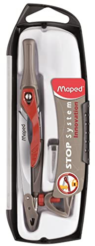 Maped - Compas Maped Stop System Innovation - Système de Verrouillage Breveté - Tracé Parfait - Avec Sécurité Protège Pointe et Mine - Compas Mine + Bague Universelle + Crayon - Dès 10 ans