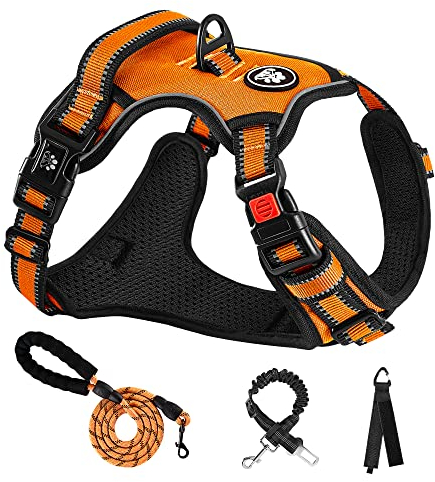 NESTROAD Hundegeschirr Große Hunde Leine Geschirrset Orange, Größe L für Hunde Grosse mit Halsumfang 38~48CM Brustumfang 48~74CM, enthalten Brustgeschirre Hundeleine und Sicherheitsgurt Auto