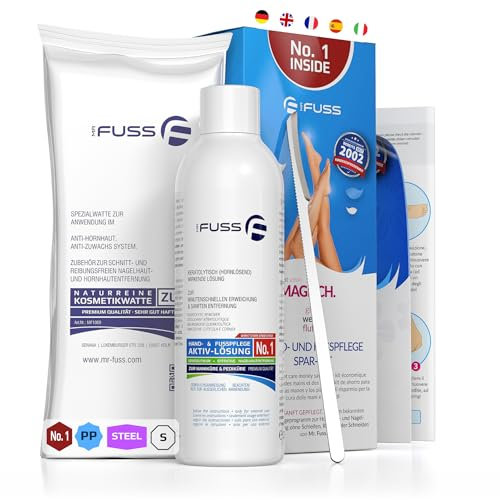 Mr. Fuss® No. 1 – Plus Pack Steel – Piccolo, rimozione cuticole – Confezione risparmio 3 pezzi soluzione attiva rapida e forte – 200 ml, ovatta, raschietto in acciaio inox