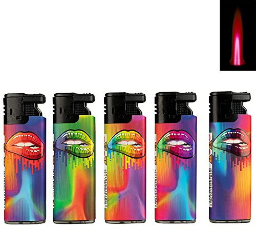 5X Sturmfeuerzeug Turboflamme Turbofeuerzeug Top Motive Turbo Flamme Feuerzeug mit Schutzkappe absolut windfest Gasfeuerzeug nachfüllbar (Lips)