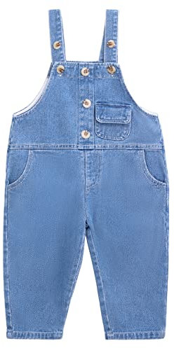 CAMILIFE Bebè Bimbi Bimbe Basic Salopette in Denim Dungarees Pantaloni di Jeans in Cotone con Bretelle - Jeans Classico Blu Tinta Unita Taglia 92