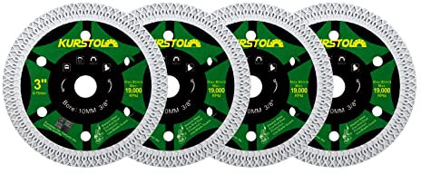 KURSTOL Lama diamantata per piastrelle - 4 pezzi da 75 mm Disco diamantato in porcellana super sottile per lama per smerigliatrice angolare in marmo e granito ceramico con pergolato 3/8(10 mm)
