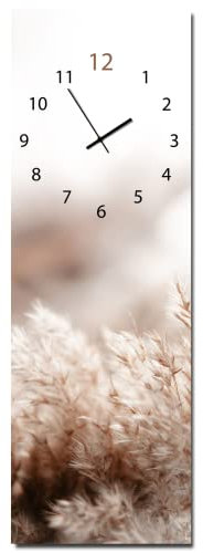 Wanduhr Silky Pampas 20 x 60 cm | lautlose Uhr aus Glas Made in EU - Glasuhr inklusive Wandaufhängung - Wanduhr ohne Tickgeräusche mit Metallzeiger | Wohnzimmer Schlafzimmer | Pampas Gras gemütlich
