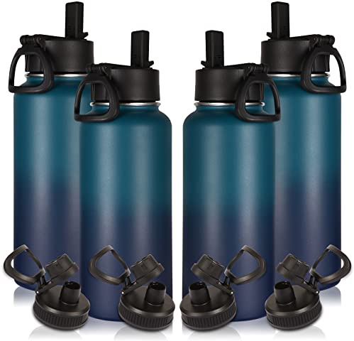 Volhoply 1l Gourde Inox avec Paille 4 Paquets, 1 litre Bouteille Isotherme Double Paroi avec Deux Couvercles Sans BPA, Bottle Réutilisable en Métal Étanche pour Sport, Adulte(Dégradées,4 Set)