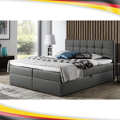 Boxspringbett Doppelbett Leo - Bett mit Bonellmatratze, mit Bettkasten für Bettwäsche und Topper. Widerstandsfähiger und angenehm zu berührender Kunstleder mit Bettkasten (Grau, 140x200)