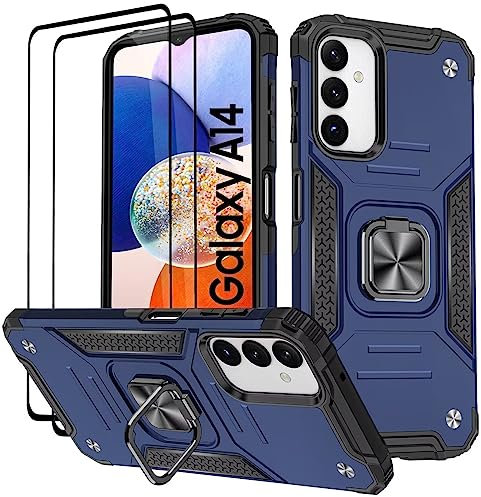 KANSi Coque pour Samsung Galaxy A14 5G / 4G, Verre Trempé [2 Pièces] + Housse TPU Silicone Rotation 360° Aimant Anneau Support Double Défense Protection Etui - Bleu