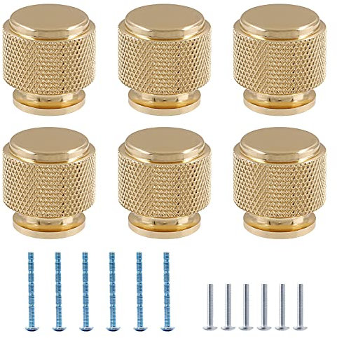 Kemcatui 6Pcs Gold Knurled Cabinet Knob， 1 Inch /25.4 mm Brass Dresser Knobs Kitchen Drawer Knobs Brushed Knurled Knobs Hardware for Cabinets, Cupboard