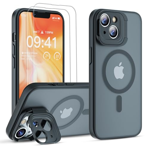 GOODVISH Coque pour iPhone 14 et iPhone 13 Compatible avec MagSafe, Support d'appareil Photo + 2 Protecteurs d'écran, Coque de Protection Polyvalente, résistante aux Chocs, Translucide Case, Noir
