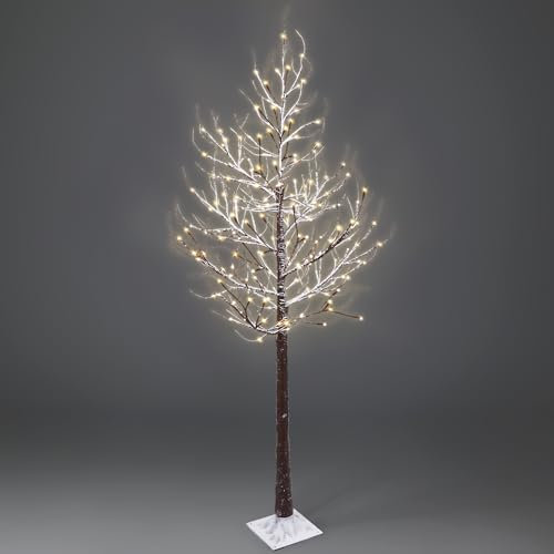 NETTA 5FT Birch Twig Tree with 120 Warm White LED Lights, Snow Effect, Auto-Off Timer and 8 Lighting Modes, 3M Power Cable, Suitable for Indoor or Outdoor Use - Brown