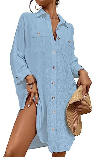 Bsubseach Modern Swimsuit Coverups for Women Button Down Beach Shirt Dress Tops Resort Wear Light Blue XL
