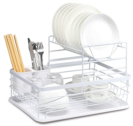 Escurridor de platos con bandeja de goteo extraíble, organizador de platos de cocina de metal eficiente con asas de madera - Escurridor de platos ideal y escurridores