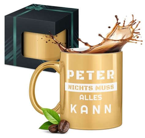 Maverton Keramik Kaffeetasse 330ml mit Gravur - Kaffeebecher mit funktionellem Henkel - personalisierter Keramikbecher für Männer zum Geburtstag zu Weihnachten - gold glänzend - Innen weiß - Spruch