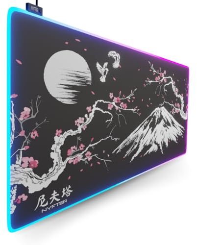 Nyfter - XXL Gaming Mauspad Sakura Weiß 900 x 500mm Premium Fuji Mousepad Size Groß vernähte Kanten langlebig mit high-end Glide und Anti-Rutsch Speed Gaming Mauspad (Premium Sakura Black RGB)