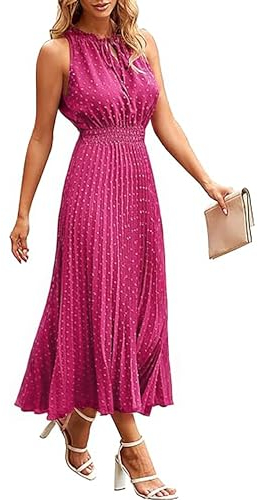 ONAYEYO Damen Sommer Plissee Lang Kleid V Ausschnitt ärmellos Schweizer Punkt Sommerkleid Elegant Hohe Taille Abendkleid Midikleid Casual Einfarbig Strandkleid (XL, Rose Rot)