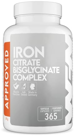 WFN Approved Iron - Eisen mit Vitamin C - 365 vegane Kapseln - Bioverfügbarer Chelat-Komplex mit Bisglycinat & Citrat - Produziert & laborgeprüft in Deutschland