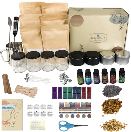 YMing Kerzen Selber Machen Kit, DIY Kerzen Handwerk Werkzeuge Set mit Kerzendosen, 800g Gießtopf und Löffel, Dochte Aufkleber, Candle Dochte, Candle Dochte Halter, Farbblock, Etikett und Bienenwachs