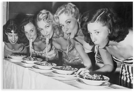 CSESTCGN Poster mit Vintage-Motiv Frauen essen Pasta, Leinwandposter, Wandkunst, Dekordruck, Bild Gemälde für Wohnzimmer, Schlafzimmer, Dekoration, 30 x 45 cm