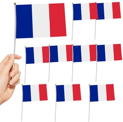 Francia Stick Flags | 10 banderas de mano francesas pequeñas,Bandera de Francia de 5,5X8,3 pulgadas, banderas pequeñas de para actividades, desfile, deportes, decoración del hogar