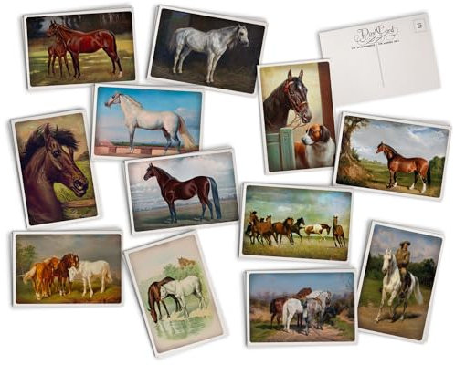Hill Valley Greetings Vintage Horses Postkarten – 24 Vintage-Postkarten – 12 verschiedene Retro-Pferde-Drucke – gedruckt auf antikem, strukturiertem Karton