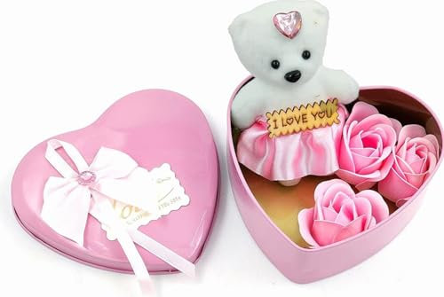 Artificial Red Rose & Teddy Bear In Heart Shape Metal Box Combo Of 3(1.00)