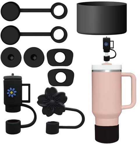 ZXJLWR Lot de 9 accessoires Stanley Cup - Comprend 4 couvercles de paille Stanley, 4 bouchons en silicone anti-fuite, 1 protection de sol, accessoires Stanley noir