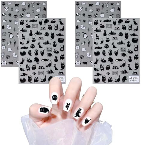 4 Stück Katze Nagelsticker,Self-Adhesive Nail Sticker Katzen, Selbstklebend Nagel Sticker,Nagelsticker kinder,Cute Stickers Cat Nageltattoos,für Silvester,Karneval,Oster,Halloween,Katzen-Themenparty