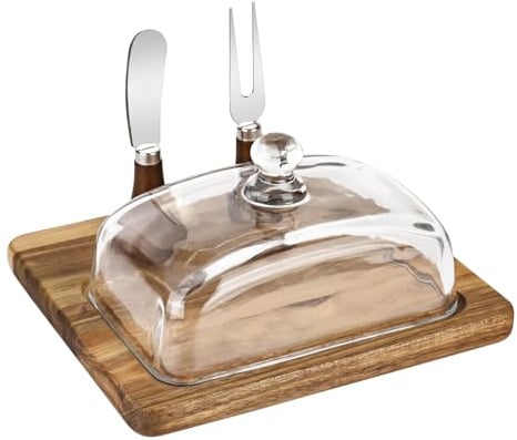 YHNDECO Mantequera con tapa de madera, cuchillo y tenedor, mantequillera con tapa de cristal, mantequillera de bambú y acacia, caja de mantequilla para el hogar y la cocina