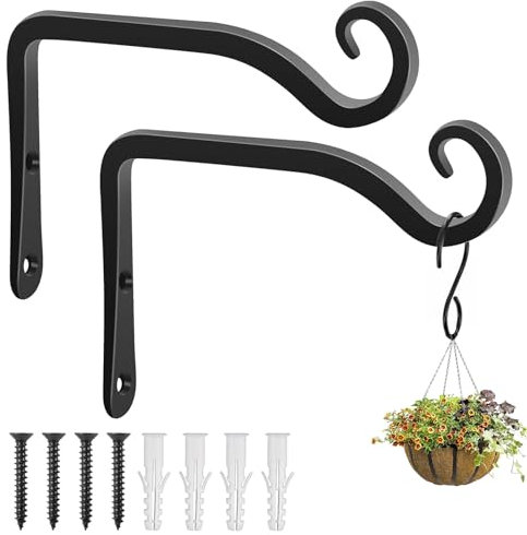 Apstaqeoo 2Pcs Hanging Basket Bracket, Heavy Duty Outdoor Plant Hangers Wrought Iron Plant Hanger with Screws,Black Metal Garden Hooks Wall Bracket for Lantern Planter Hanger Fence Bird Feeder(144MM)