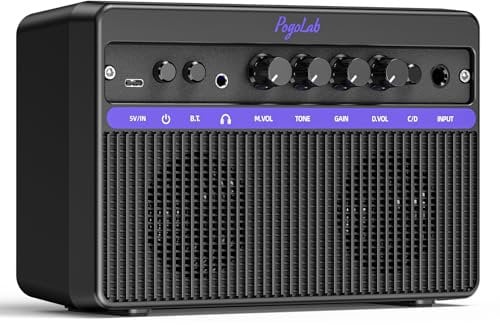 POGOLAB Electric Guitar Amp, 2×8W Portable Guitar Amplifier, Stereo Speakers, Clean/Overdrive Tone, Rechargeable Bluetooth Speaker, Headphone Jack for Practice/Home Use