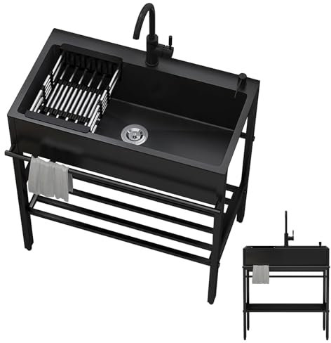 MZQMK Küchen Spülbecken Freistehender Spültisch Edelstahl Spültisch Mit Wasserhahn, Für Outdoorküche, Gastro, Garten, Camping(90x45x86cm/35.4x17.7x33.8in)