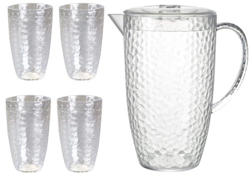 eMKay® Reusable Four Dimple Plastic Tumblers (650ml) & ONE Clear 2L Dimple Pitcher with Lid Set Durable Shatterproof Beakers & Jug for Juice, Water, Iced Tea – Ideal for Outdoor Use & Family Picnics