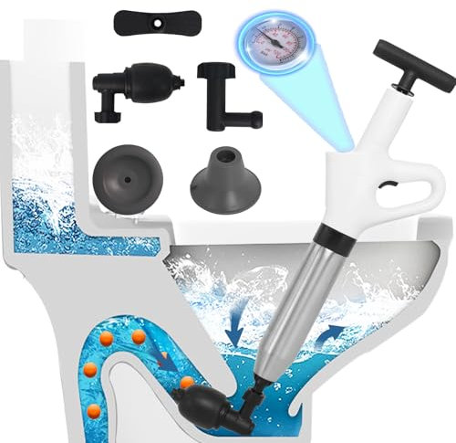 Rohrreinigungspumpe – Rohrreiniger Druckluft für Toilette Verstopft, Waschbecken, Badewanne und Abflussrohre – mit 3 Kolbenaufsätzen und Luftpumpe