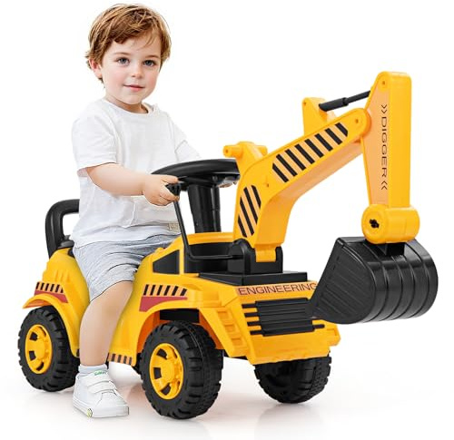 DREAMADE Kinder Sitzbagger, Bagger zum draufsitzenmit Verstellbarer Schaufel & Hupe & Kippschutz, Aufsitzbagger mit Stauraum unter Sitz, Sandbagger Sitzbagger Kinder ab 19 Monaten