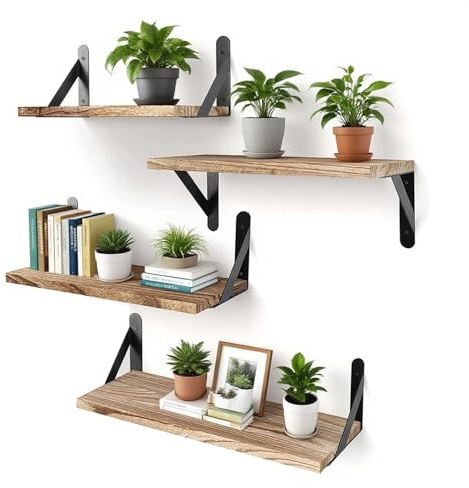 OUGPIU Wandregal Holz 4 Stück Hängeregal,Rustikaler Bilderleiste,Breite Regal Wand Paulownia und Metall 29/36/42cm Moderne Dekoration Schweberegal,Regalbrett für Wohnzimmer,Schlafzimmer,Büro